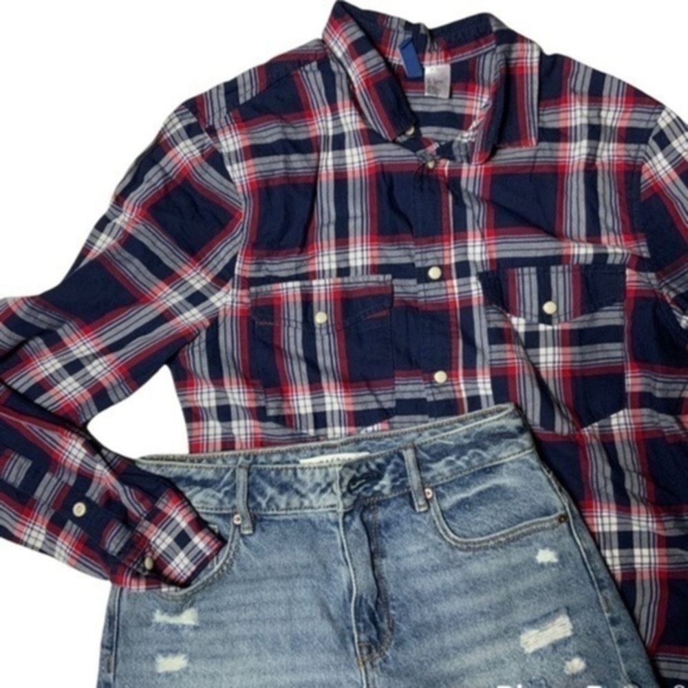 H&M Western plaid‎ snap button shirt Small